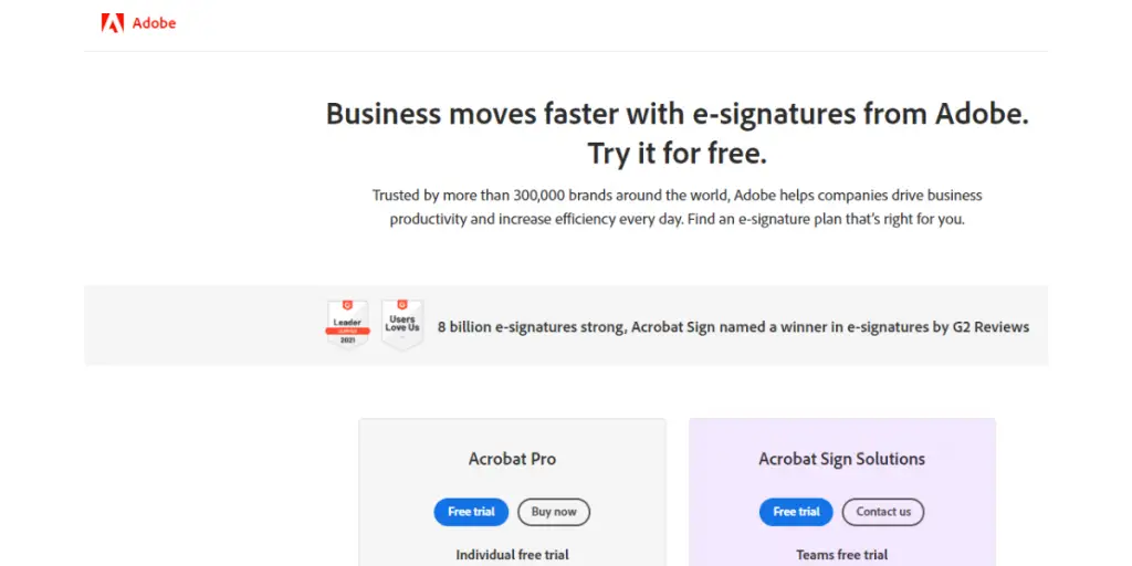 Webpage of Adobe Acrobat Sign