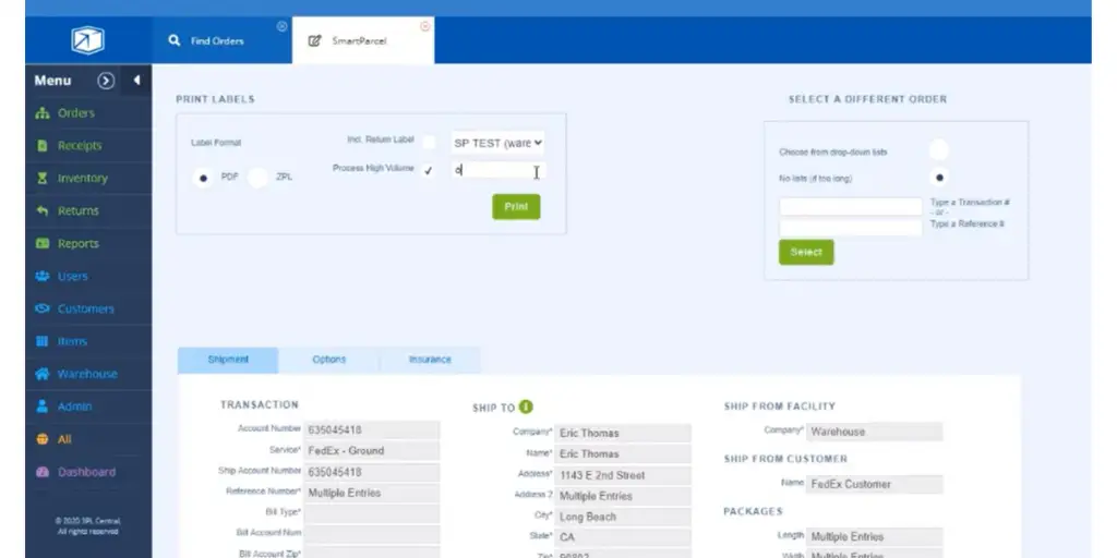 Smart Parcel Page View of 3PL Central