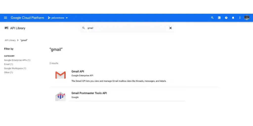 API Library Page of Google Cloud Platform