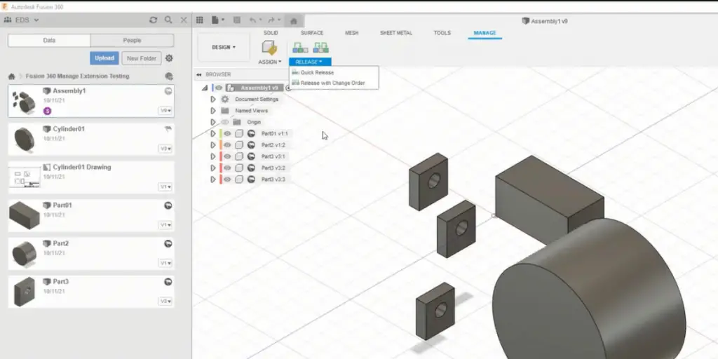 Assembly page of Fusion 360 Manage with Upchain