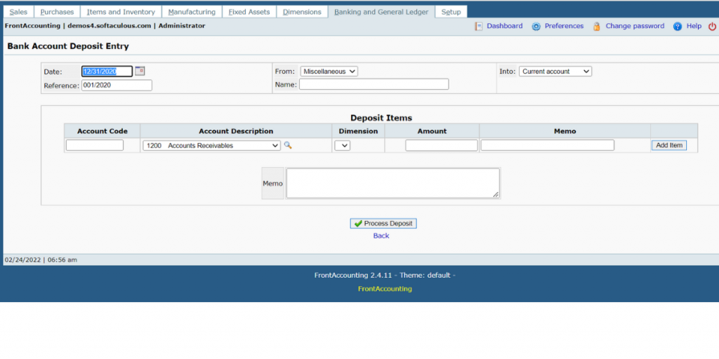 Bank Account Deposit Entry of FrontAccounting