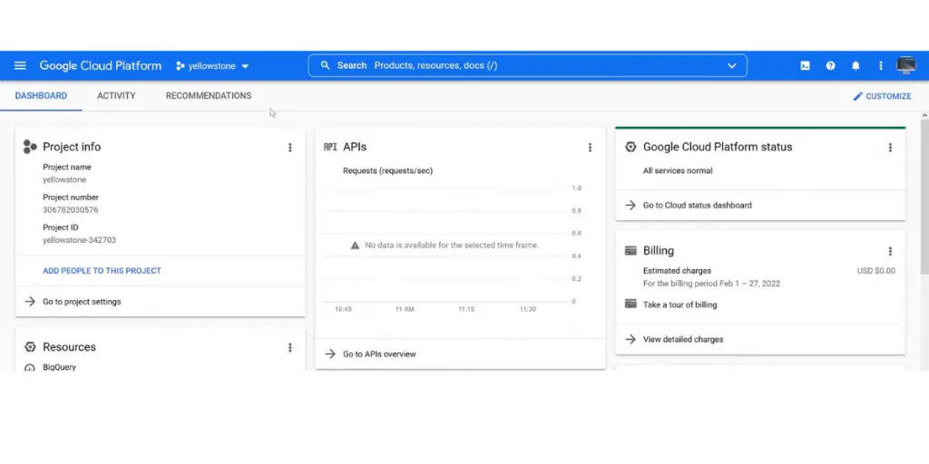 Dashboard of Google Cloud AI Platform
