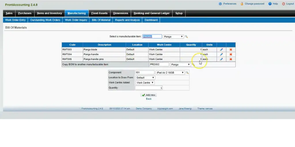 Manufacturing Feature of FrontAccounting