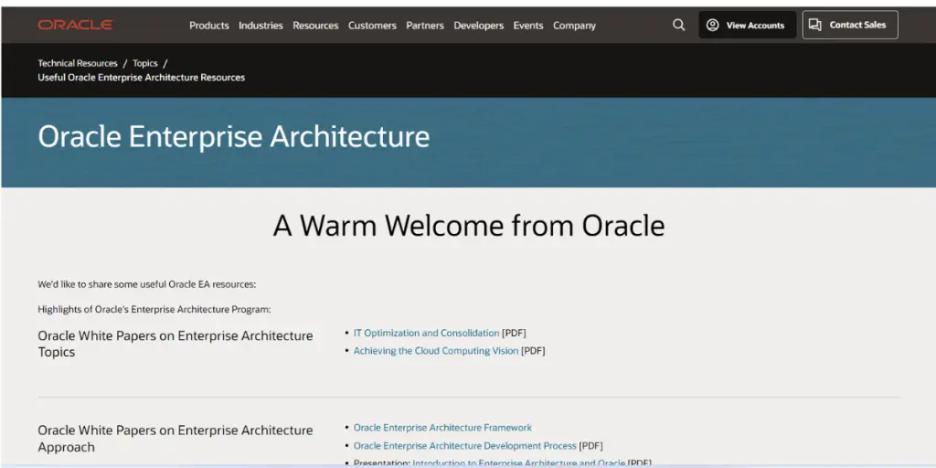 Webpage of Oracle Enterprise Architecture