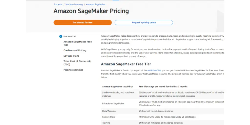 Free Tier Pricing sheet of Amazon Sagemaker