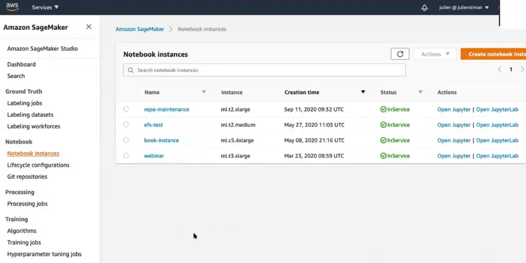 Notebook Instances page of Amazon Sagemaker