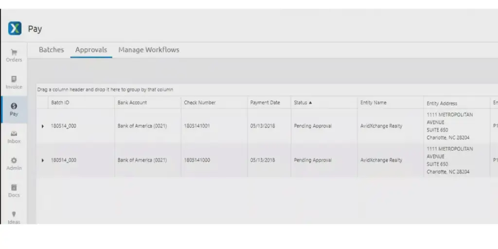 Pay Approvals view of Avidxchange