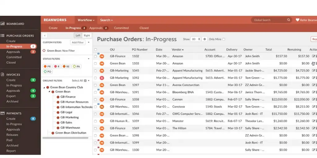 Purchase Order view of Beanworks