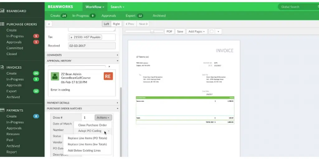 Payment details Workflow of Beanworks