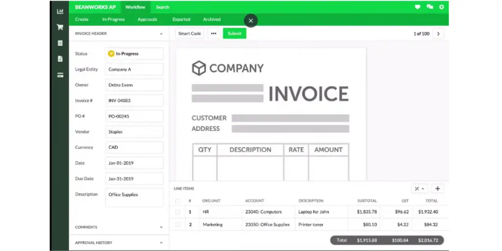 Invoice Header of Beanworks