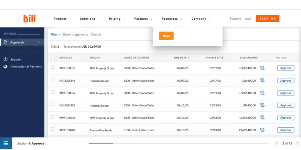 Approvals Page of Bill.com