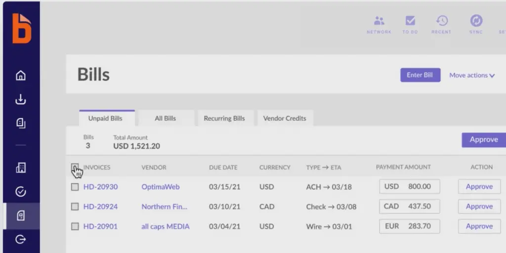 Overview Bills page of Bill.com