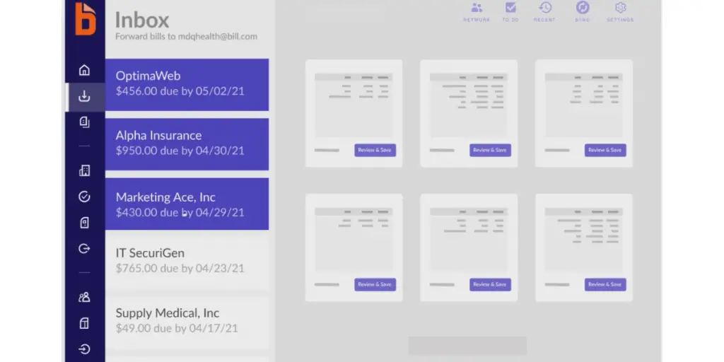 Inbox page of Bill.com