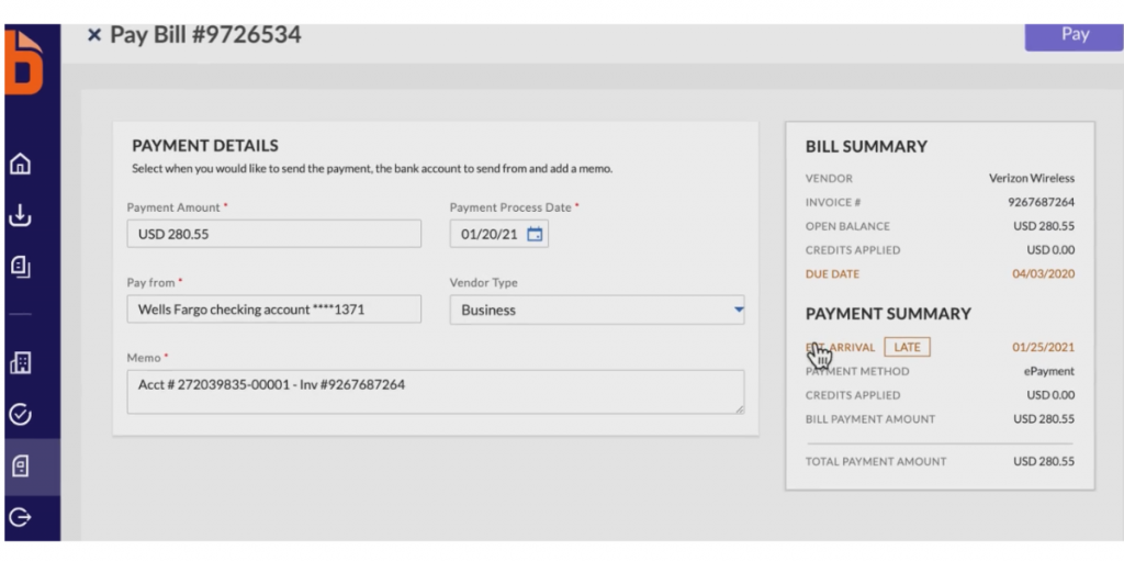 Payment Page view of Bill.com