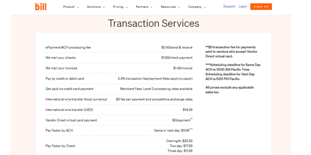 Transaction Service Prices of Bill.com