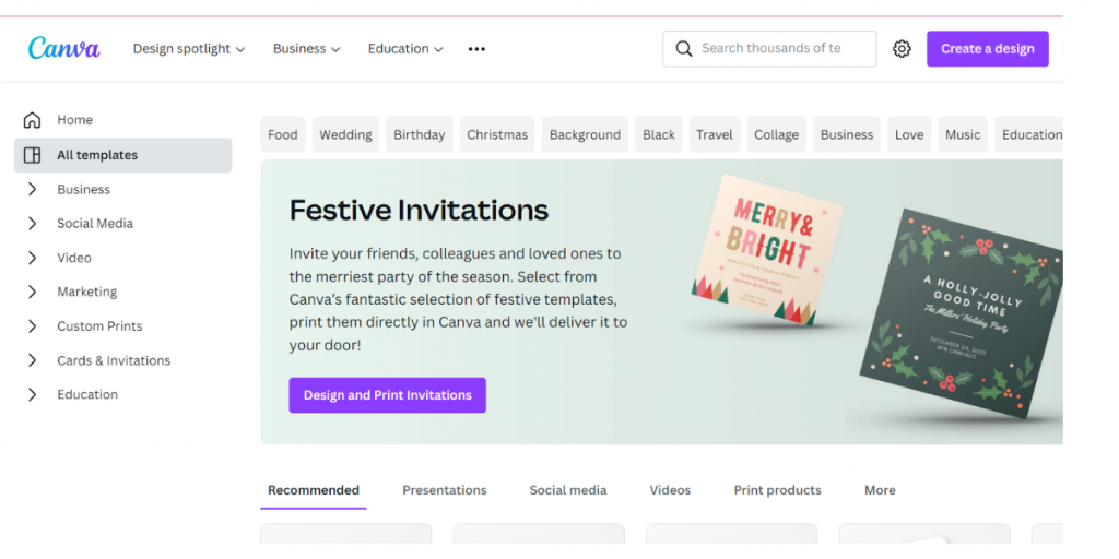 Templates page view of Canva