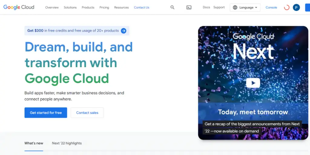 Webpage of Google Cloud