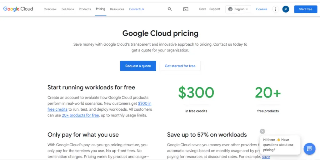 Price sheet of Google Cloud