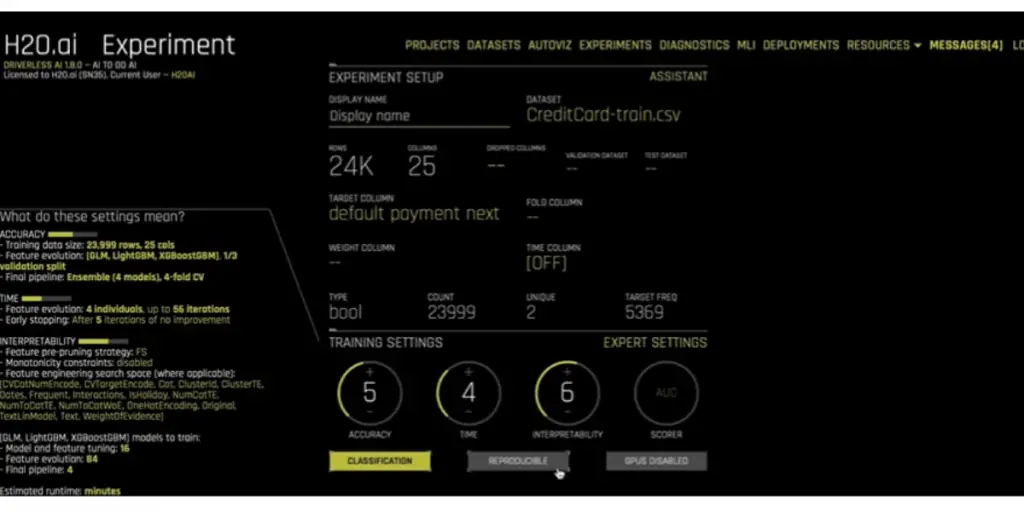 Experiment Setup page of H2O.ai