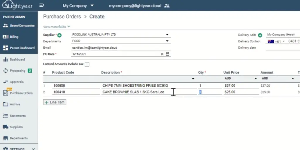 Create Purchase Order of Lightyear