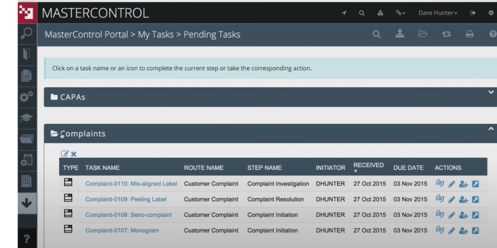 Pending Tasks page of Master Control