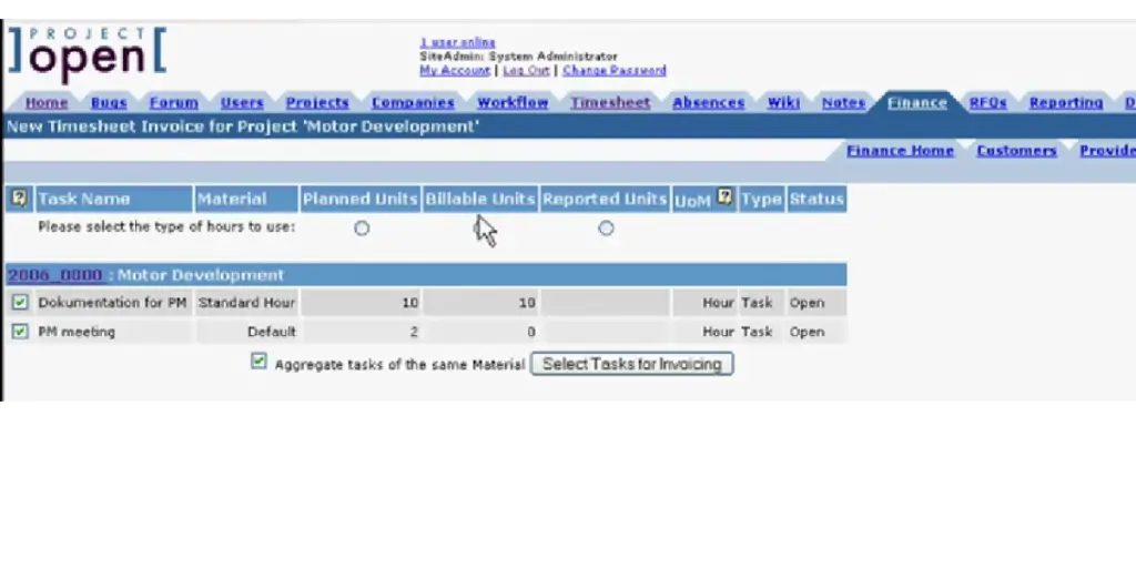 Finance view of Project Open