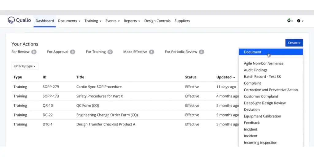 Document Dashboard of Qualio