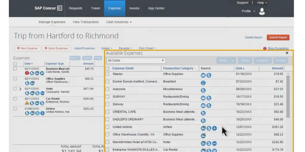 Expense view of  SAP Concur