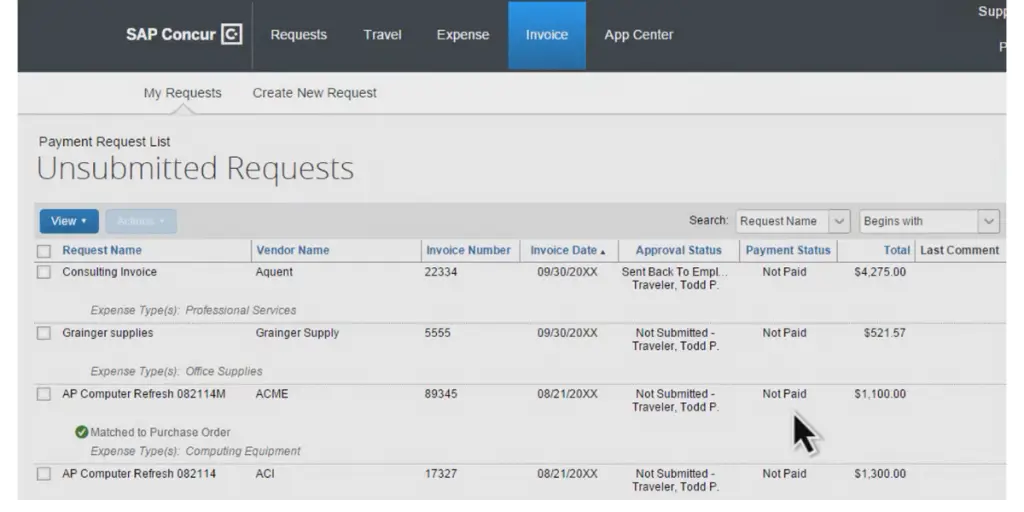 Invoice Page of  SAP Concur