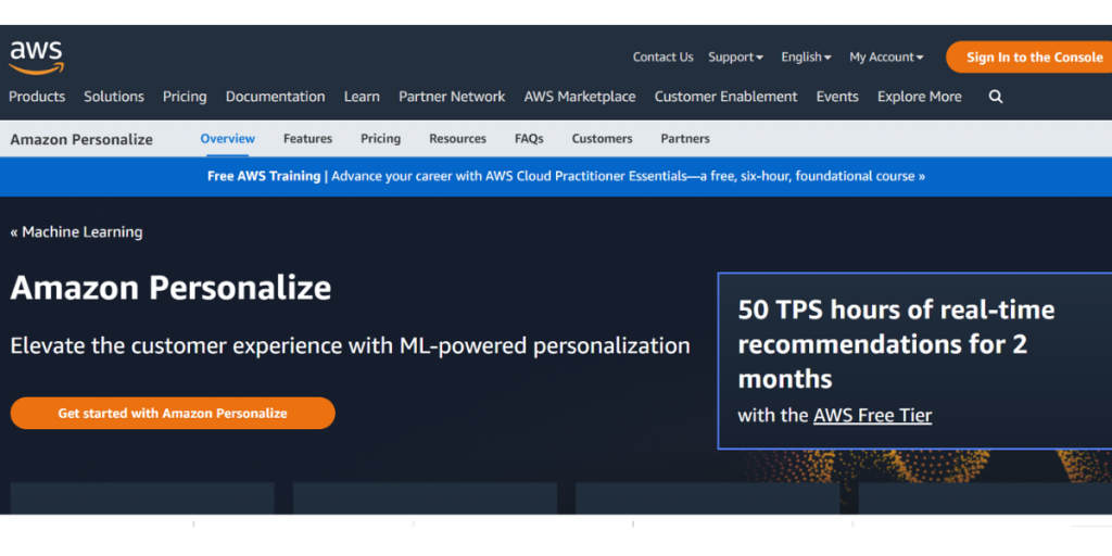 Webpage of Amazon Personalize
