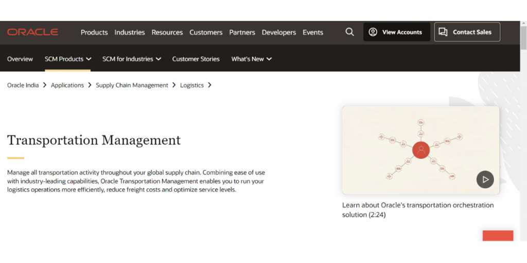 Webpage of Oracle Transportation Management 