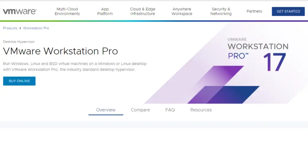 Webpage of VM Ware Workstation 