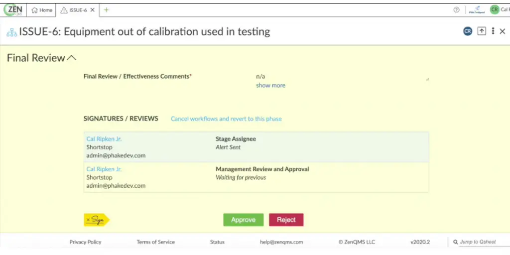 Calibration Final Review page of ZEN QMS