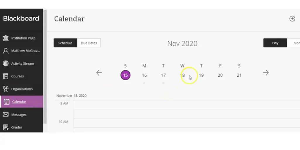 Calendar page of Blackboard