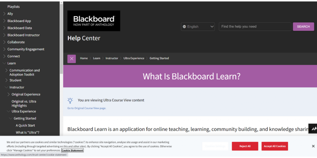 Webpage of Blackboard Learn LMS