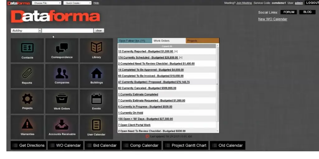 Work Orders view of Dataforma