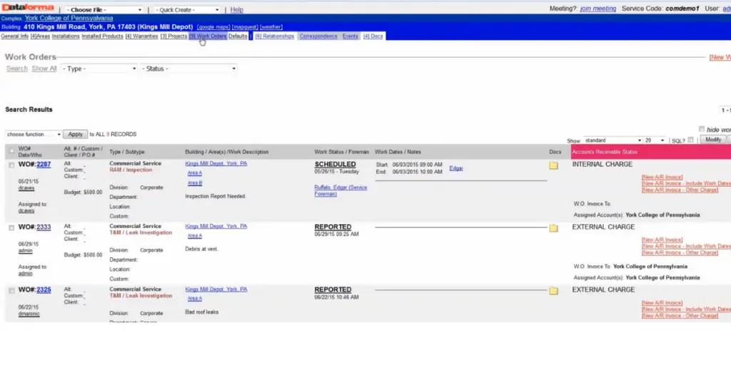 Work Orders details of Dataforma