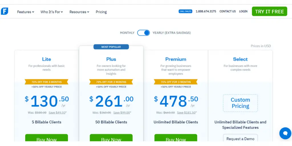 Price Sheet of FreshBooks