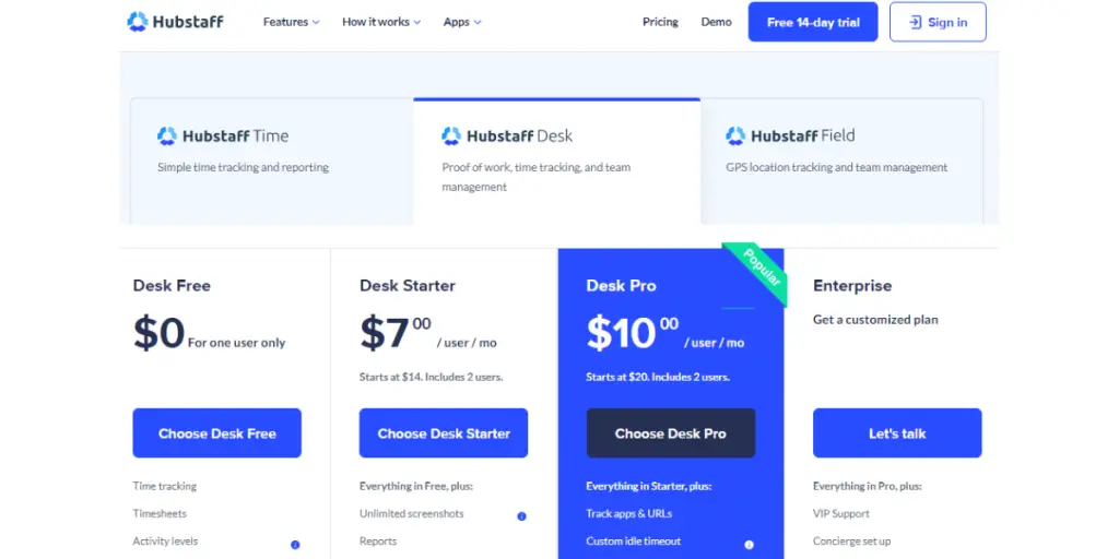 Pricing of Hubstaff Desk