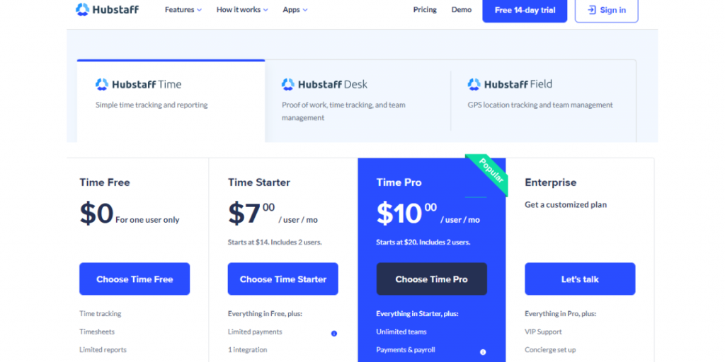 Pricing view of Hubstaff Time