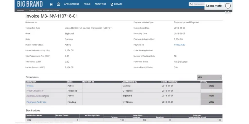 Invoicing page of Infor