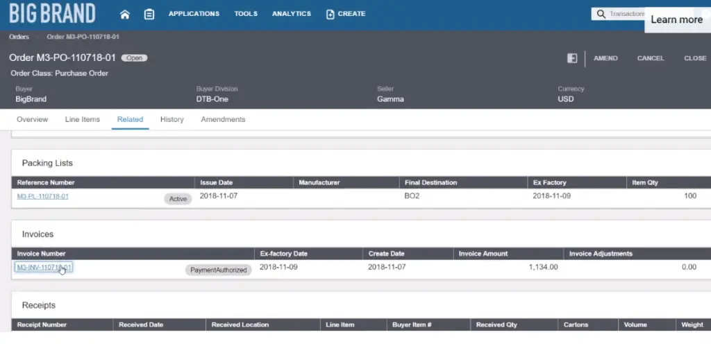 Packing Lists view of Infor