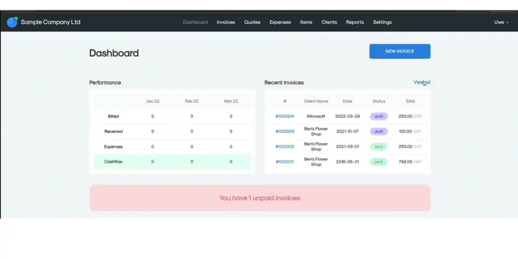 Dashboard of InvoiceBerry
