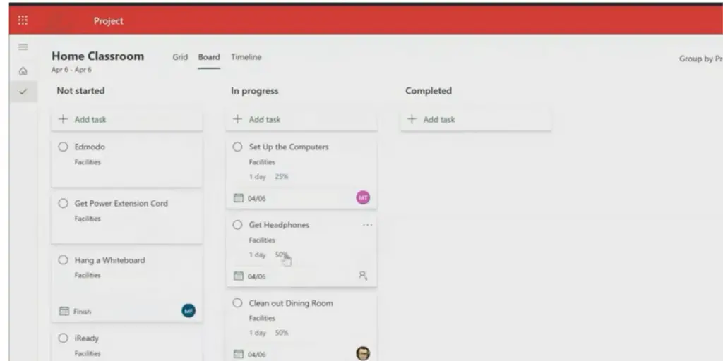 Classroom Board of of Microsoft Project