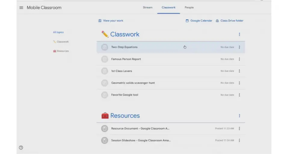 Classwork mobile of Google Classroom