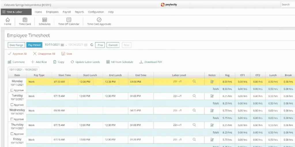 Employee Timesheet of Poylocity