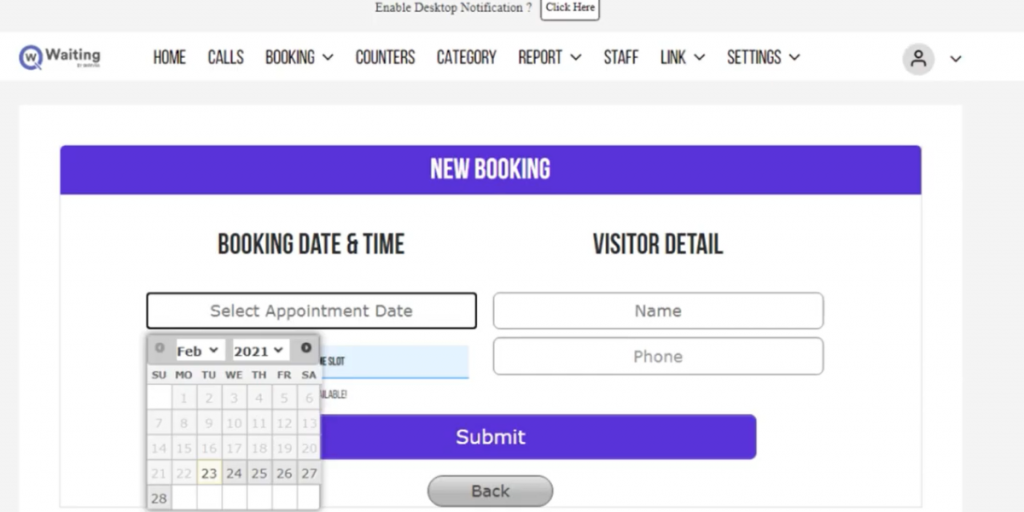 Booking Date and Time of Qwaiting