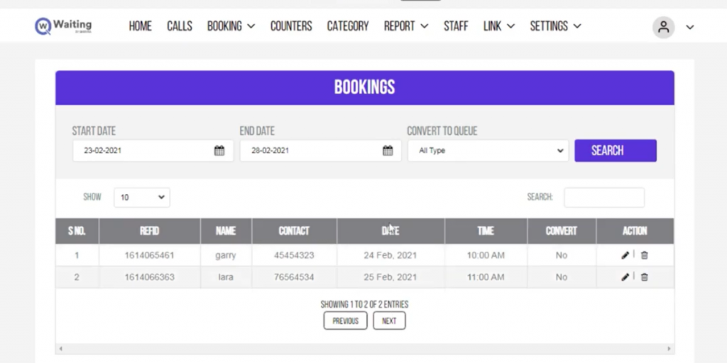 Bookings details of Qwaiting