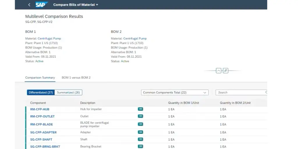 Comparison Results in BOM of SAP PLM Software