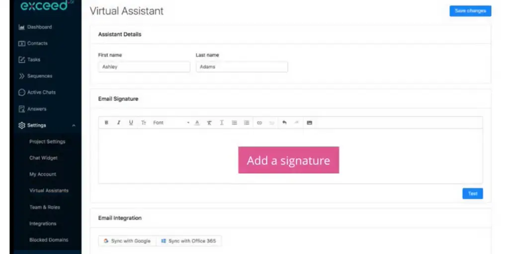 Virtual Assistant page view of Exceed.ai